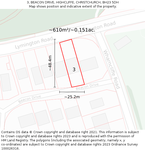 3, BEACON DRIVE, HIGHCLIFFE, CHRISTCHURCH, BH23 5DH: Plot and title map