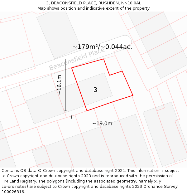 3, BEACONSFIELD PLACE, RUSHDEN, NN10 0AL: Plot and title map