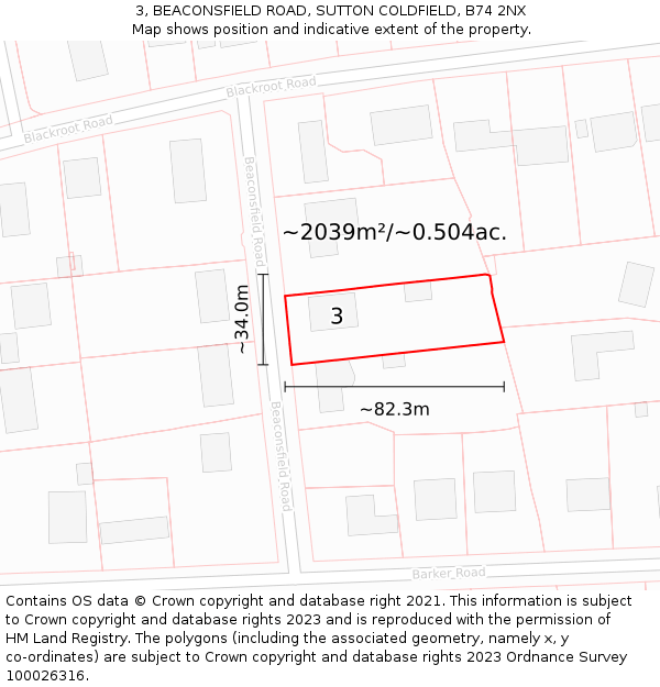 3, BEACONSFIELD ROAD, SUTTON COLDFIELD, B74 2NX: Plot and title map