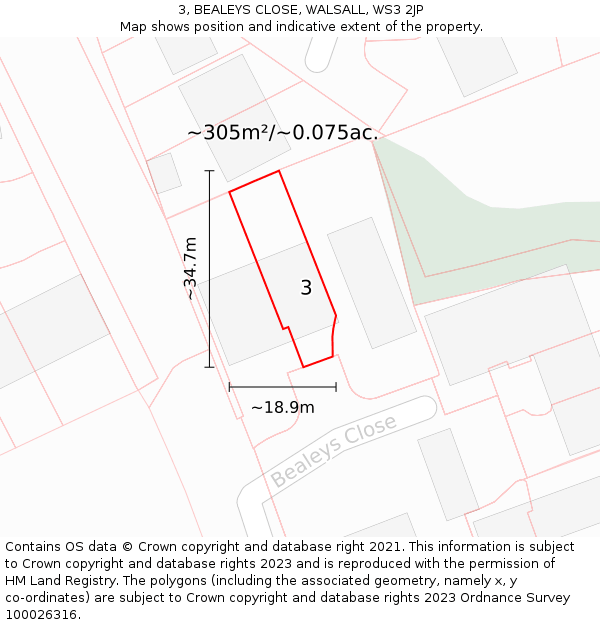 3, BEALEYS CLOSE, WALSALL, WS3 2JP: Plot and title map