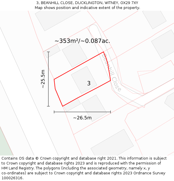 3, BEANHILL CLOSE, DUCKLINGTON, WITNEY, OX29 7XY: Plot and title map