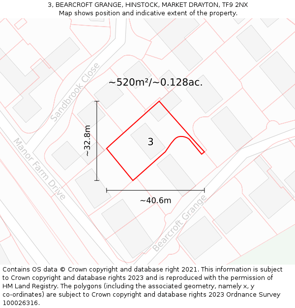 3, BEARCROFT GRANGE, HINSTOCK, MARKET DRAYTON, TF9 2NX: Plot and title map