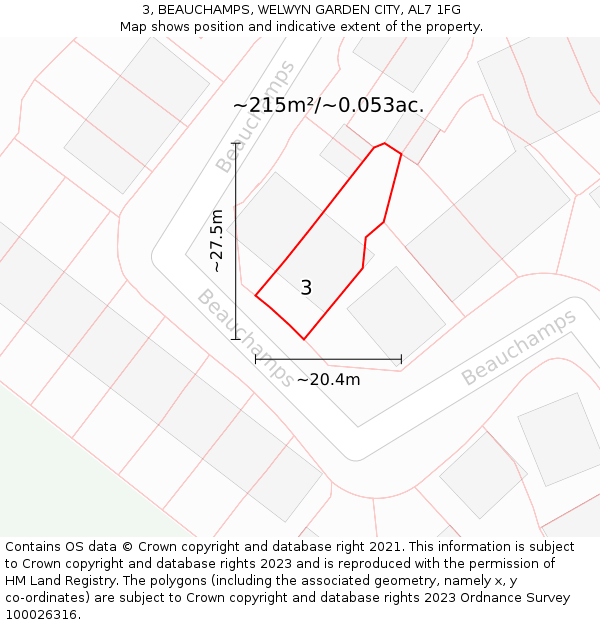 3, BEAUCHAMPS, WELWYN GARDEN CITY, AL7 1FG: Plot and title map