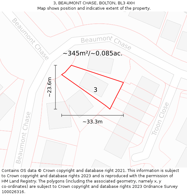 3, BEAUMONT CHASE, BOLTON, BL3 4XH: Plot and title map