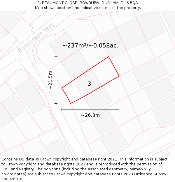 3, BEAUMONT CLOSE, BOWBURN, DURHAM, DH6 5QA: Plot and title map