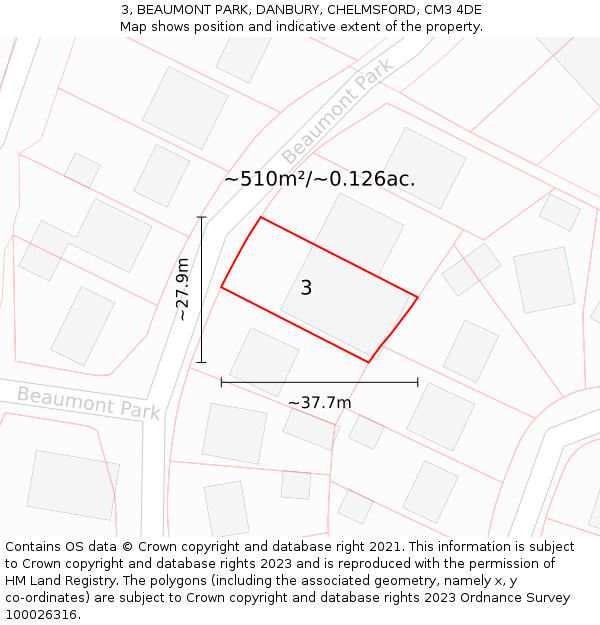 3, BEAUMONT PARK, DANBURY, CHELMSFORD, CM3 4DE: Plot and title map