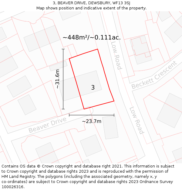 3, BEAVER DRIVE, DEWSBURY, WF13 3SJ: Plot and title map