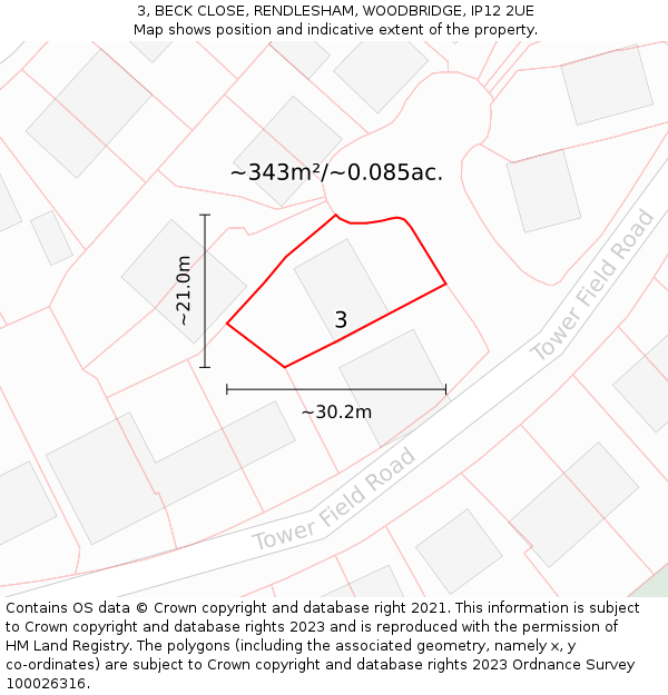 3, BECK CLOSE, RENDLESHAM, WOODBRIDGE, IP12 2UE: Plot and title map