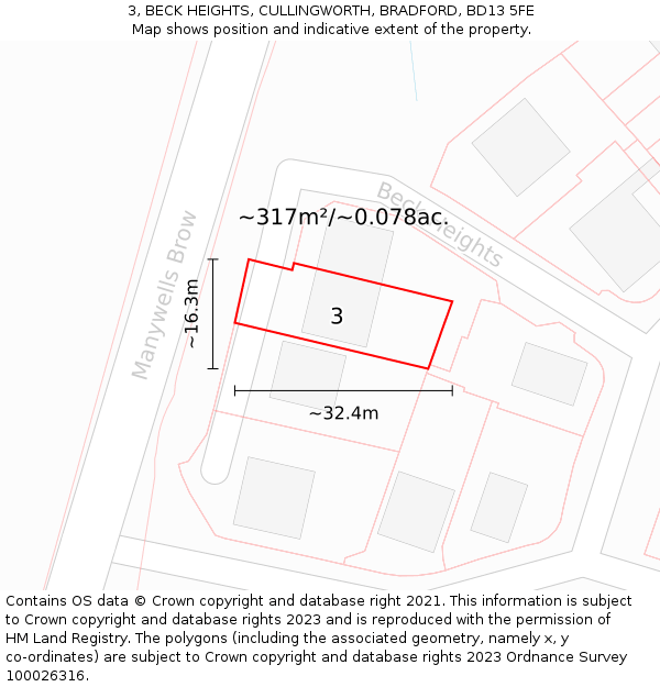 3, BECK HEIGHTS, CULLINGWORTH, BRADFORD, BD13 5FE: Plot and title map