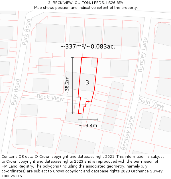 3, BECK VIEW, OULTON, LEEDS, LS26 8FA: Plot and title map