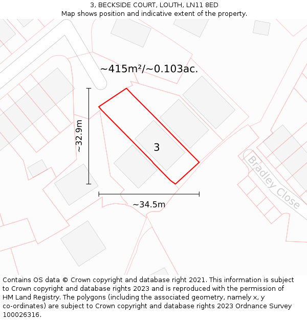 3, BECKSIDE COURT, LOUTH, LN11 8ED: Plot and title map