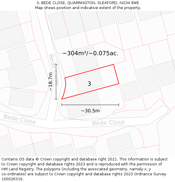 3, BEDE CLOSE, QUARRINGTON, SLEAFORD, NG34 8WE: Plot and title map
