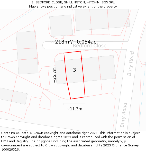 3, BEDFORD CLOSE, SHILLINGTON, HITCHIN, SG5 3PL: Plot and title map