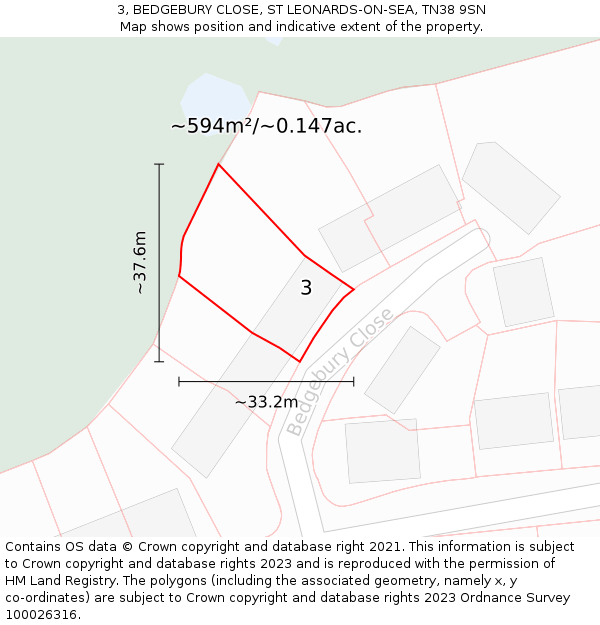 3, BEDGEBURY CLOSE, ST LEONARDS-ON-SEA, TN38 9SN: Plot and title map