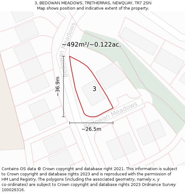 3, BEDOWAN MEADOWS, TRETHERRAS, NEWQUAY, TR7 2SN: Plot and title map