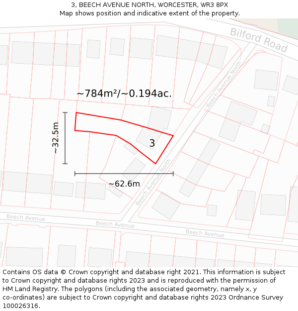 3, BEECH AVENUE NORTH, WORCESTER, WR3 8PX: Plot and title map