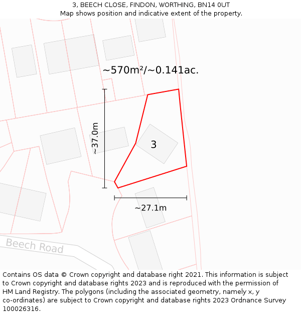 3, BEECH CLOSE, FINDON, WORTHING, BN14 0UT: Plot and title map