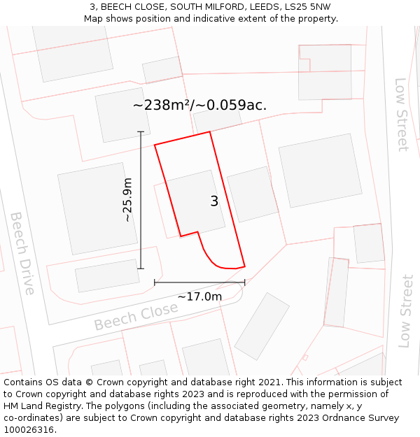 3, BEECH CLOSE, SOUTH MILFORD, LEEDS, LS25 5NW: Plot and title map