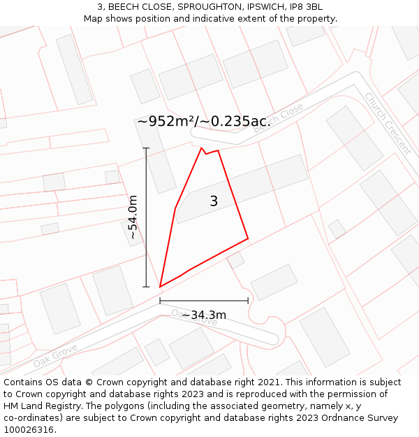 3, BEECH CLOSE, SPROUGHTON, IPSWICH, IP8 3BL: Plot and title map