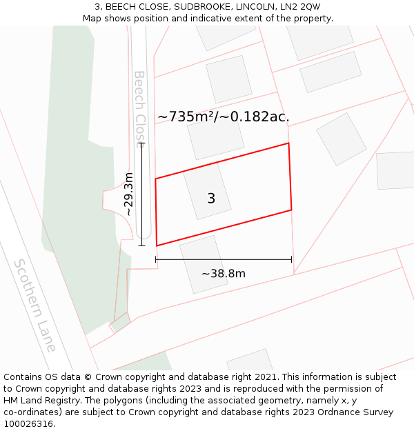 3, BEECH CLOSE, SUDBROOKE, LINCOLN, LN2 2QW: Plot and title map
