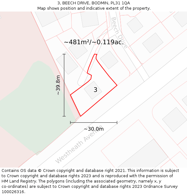 3, BEECH DRIVE, BODMIN, PL31 1QA: Plot and title map