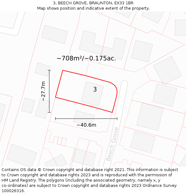 3, BEECH GROVE, BRAUNTON, EX33 1BR: Plot and title map