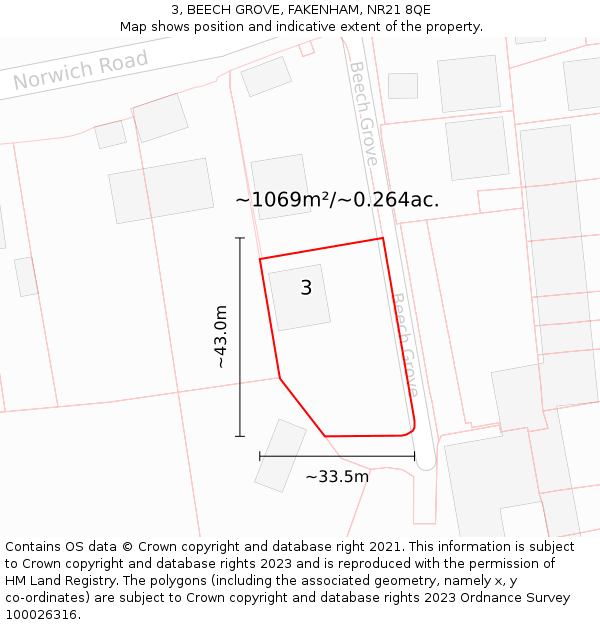 3, BEECH GROVE, FAKENHAM, NR21 8QE: Plot and title map