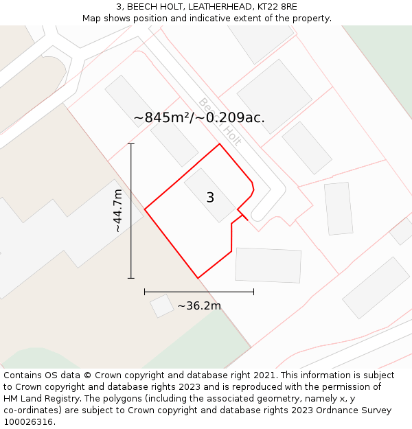 3, BEECH HOLT, LEATHERHEAD, KT22 8RE: Plot and title map