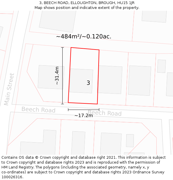 3, BEECH ROAD, ELLOUGHTON, BROUGH, HU15 1JR: Plot and title map