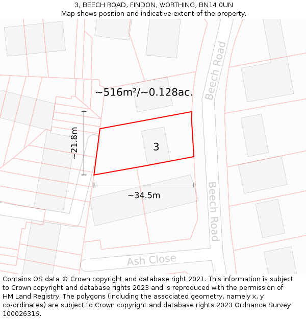 3, BEECH ROAD, FINDON, WORTHING, BN14 0UN: Plot and title map