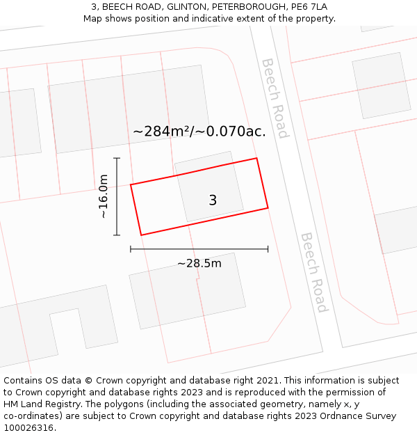 3, BEECH ROAD, GLINTON, PETERBOROUGH, PE6 7LA: Plot and title map