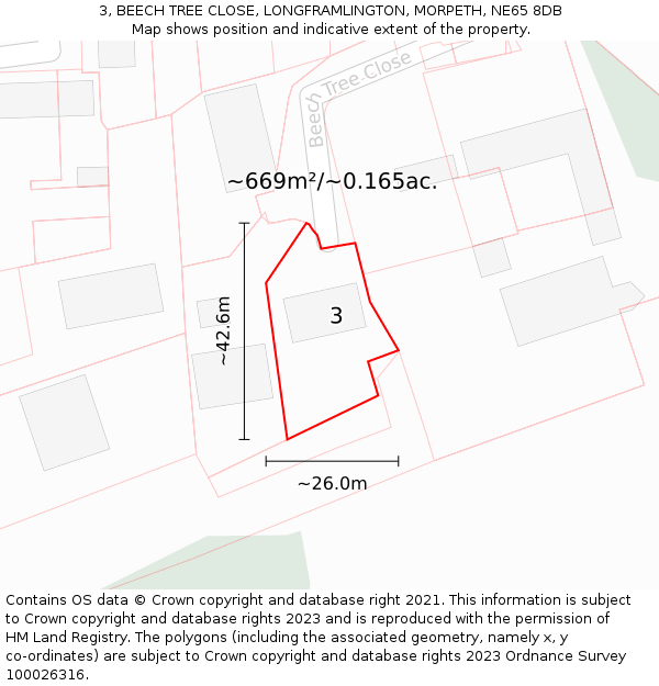 3, BEECH TREE CLOSE, LONGFRAMLINGTON, MORPETH, NE65 8DB: Plot and title map