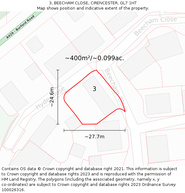3, BEECHAM CLOSE, CIRENCESTER, GL7 1HT: Plot and title map
