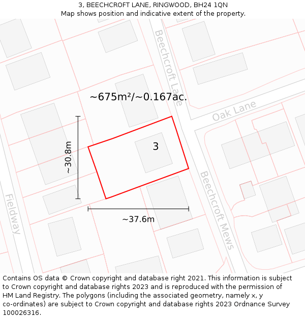3, BEECHCROFT LANE, RINGWOOD, BH24 1QN: Plot and title map