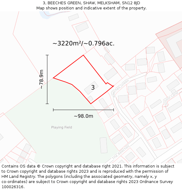 3, BEECHES GREEN, SHAW, MELKSHAM, SN12 8JD: Plot and title map