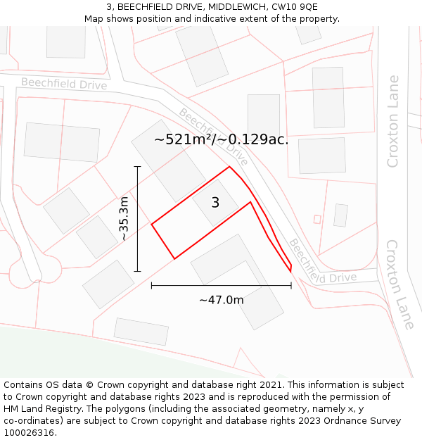 3, BEECHFIELD DRIVE, MIDDLEWICH, CW10 9QE: Plot and title map