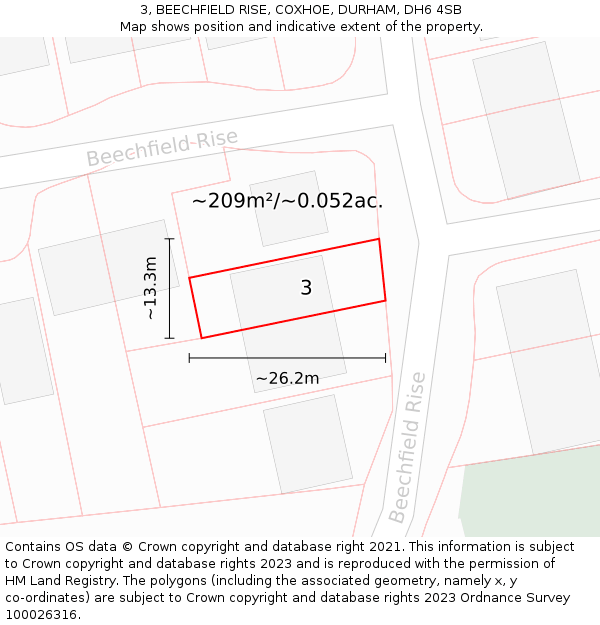 3, BEECHFIELD RISE, COXHOE, DURHAM, DH6 4SB: Plot and title map