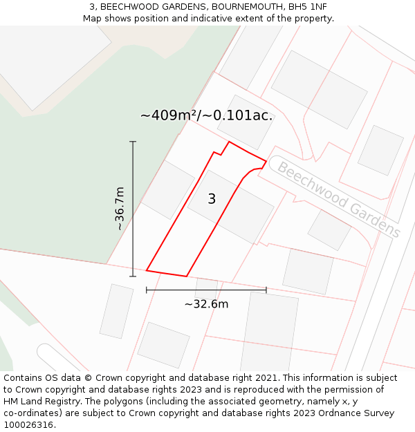 3, BEECHWOOD GARDENS, BOURNEMOUTH, BH5 1NF: Plot and title map