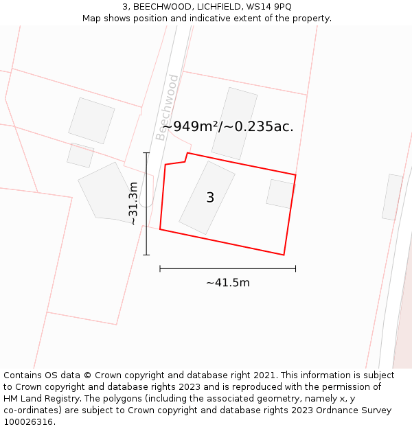 3, BEECHWOOD, LICHFIELD, WS14 9PQ: Plot and title map