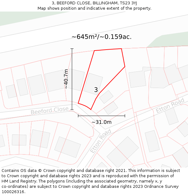 3, BEEFORD CLOSE, BILLINGHAM, TS23 3YJ: Plot and title map