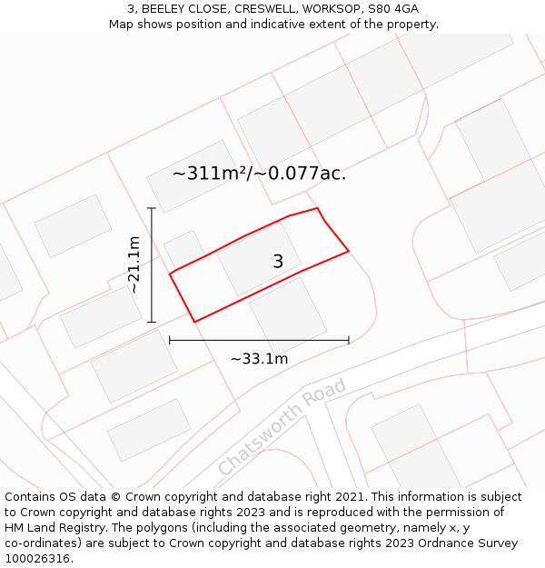 3, BEELEY CLOSE, CRESWELL, WORKSOP, S80 4GA: Plot and title map