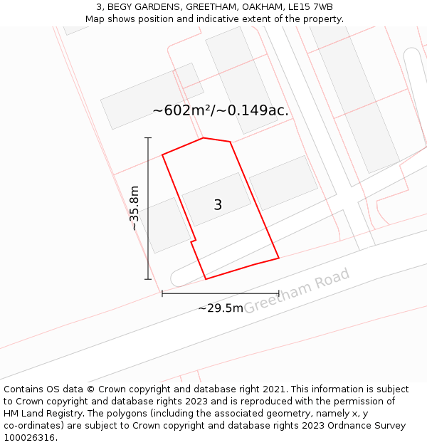 3, BEGY GARDENS, GREETHAM, OAKHAM, LE15 7WB: Plot and title map