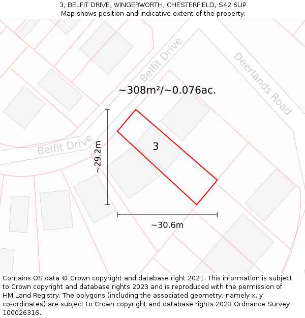3, BELFIT DRIVE, WINGERWORTH, CHESTERFIELD, S42 6UP: Plot and title map