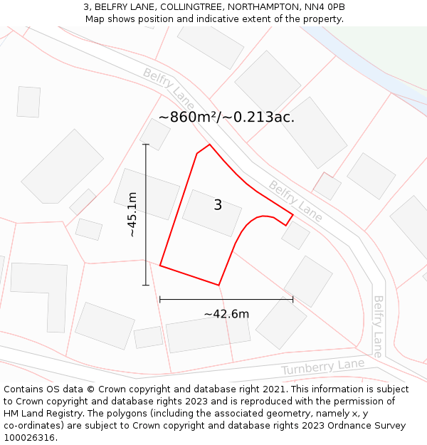 3, BELFRY LANE, COLLINGTREE, NORTHAMPTON, NN4 0PB: Plot and title map