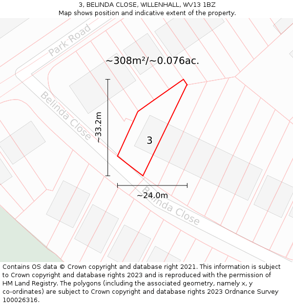 3, BELINDA CLOSE, WILLENHALL, WV13 1BZ: Plot and title map