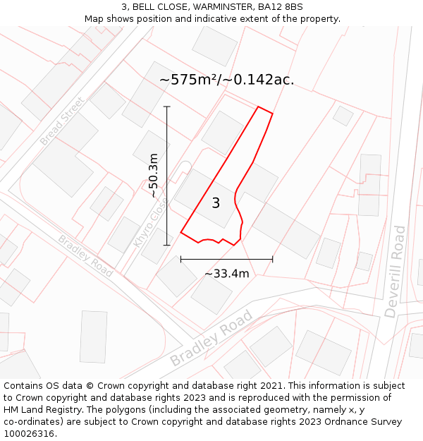 3, BELL CLOSE, WARMINSTER, BA12 8BS: Plot and title map