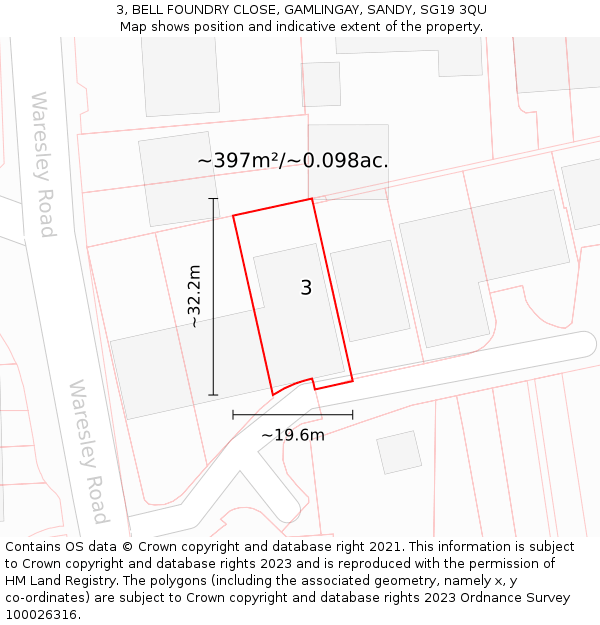 3, BELL FOUNDRY CLOSE, GAMLINGAY, SANDY, SG19 3QU: Plot and title map
