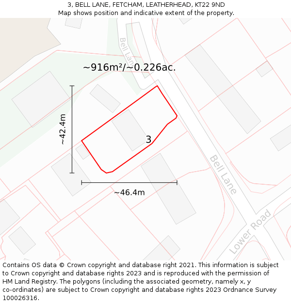 3, BELL LANE, FETCHAM, LEATHERHEAD, KT22 9ND: Plot and title map
