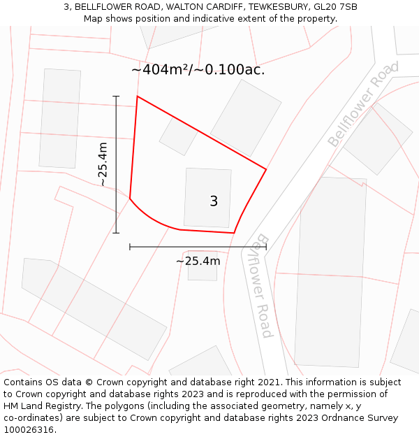 3, BELLFLOWER ROAD, WALTON CARDIFF, TEWKESBURY, GL20 7SB: Plot and title map