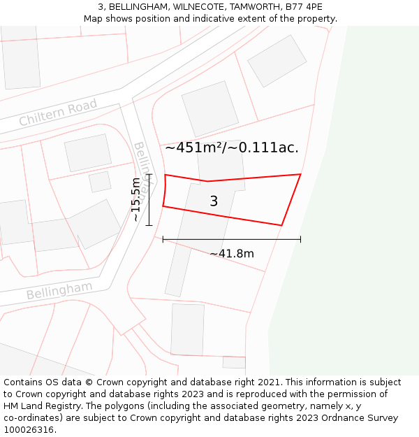 3, BELLINGHAM, WILNECOTE, TAMWORTH, B77 4PE: Plot and title map
